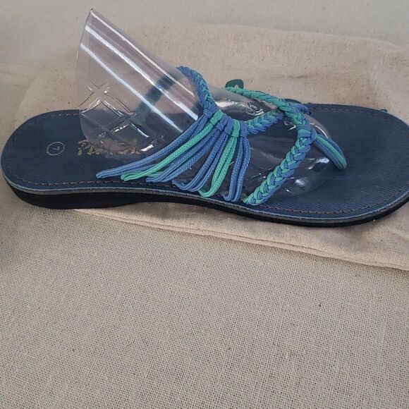 Plaka Sandal Womens 7 Oceanside Blue Green Woven Thong Flip Flop Slip on Shoe - Picture 5 of 6